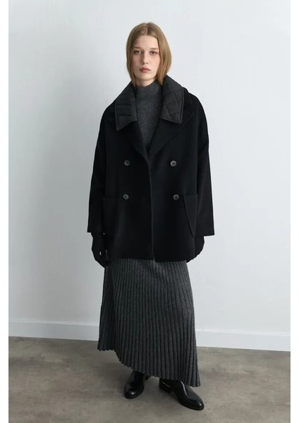 Kapitone Yakalı Yün Kaban - Siyah modelleri