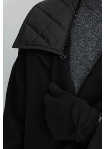 Kapitone Yakalı Yün Kaban - Siyah indirimleri