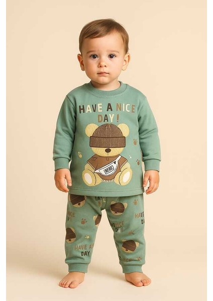 Yeşil Ayıcık 1-2-3 Yaş Çocuk Alt Üst Takım Pijama Takım
