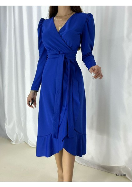 Krep Kumaş Midi Boy Kuşaklı Uzunkol Elbise