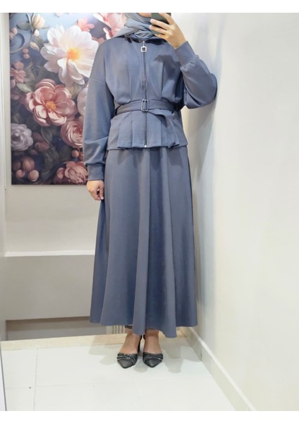 Kadın Tesettür Ikili Takım Etekli Ceketli Kuşaklı Eylül Takım