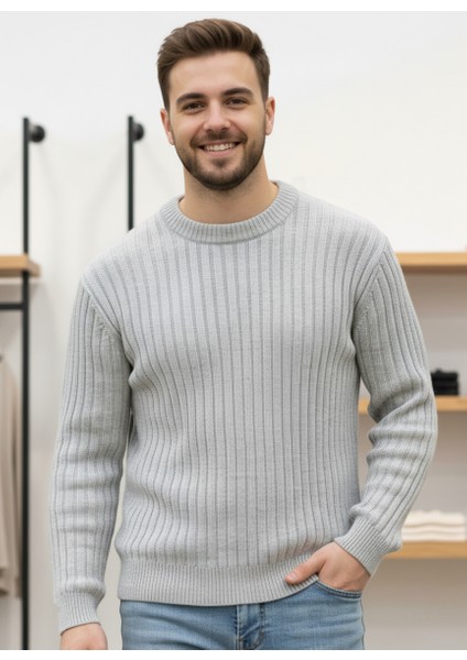 Gri Standart Fit Bisiklet Yaka Triko Kazak