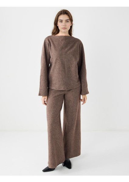 Kahve Melanj Rahat Kesim Yumuşak Dokulu Bol Paça Örme Pantolon