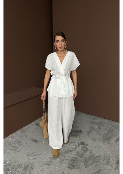 Keten V Yaka Belden Bağlamalı Bluz-Pantolon Takım - Beyaz modelleri