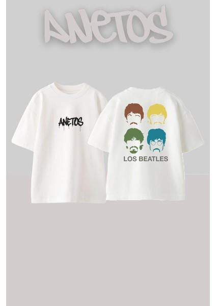 The Beatles 2 Tasarım Sırt Baskılı Pamuk Beyaz Oversize T-Shirt