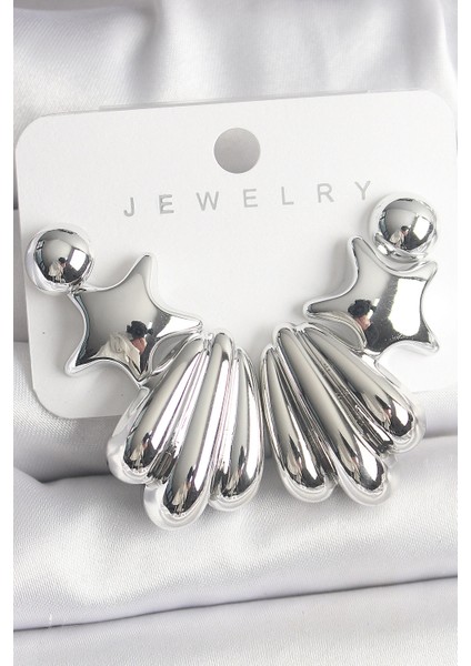 Gümüş Renk Yıldız Deniz Kabuğu Model Ccb Plastik Kadın Küpe Seti - TJ-BKP10031