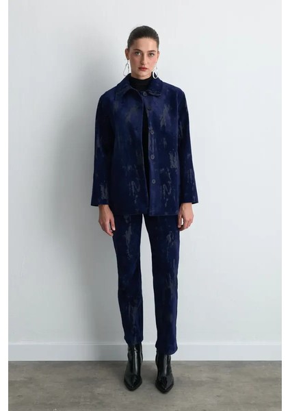 Anka Koleksiyonu Flok Kadife Boru Paça Pantolon - Lacivert