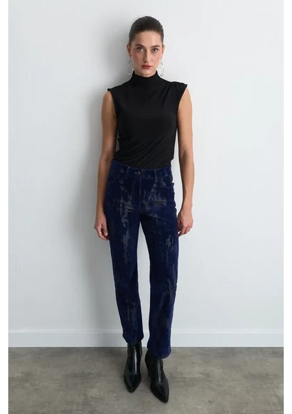 Anka Koleksiyonu Flok Kadife Boru Paça Pantolon - Lacivert fırsatları