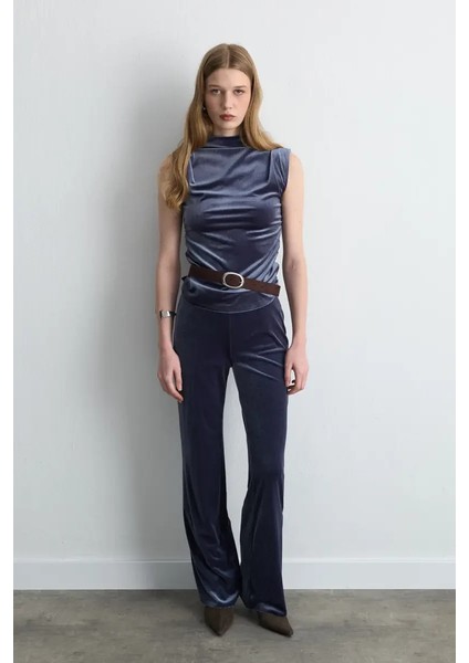 Beli Lastikli Bol Paça Kadife Pantolon - Gri