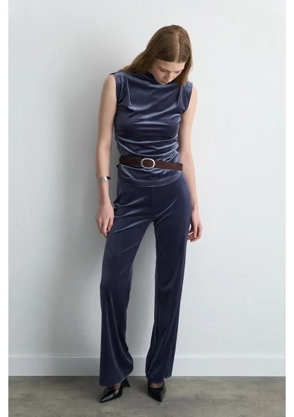 Beli Lastikli Bol Paça Kadife Pantolon - Gri modelleri