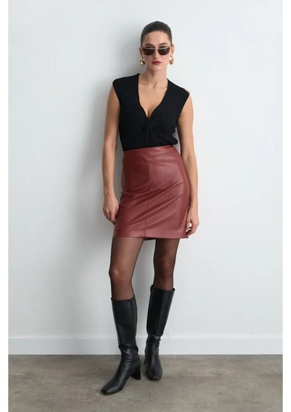Suni Deri Mini Etek - Bordo