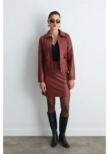 Suni Deri Mini Etek - Bordo modelleri