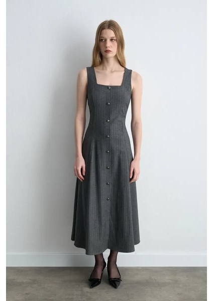 Askılı Uzun Jile Elbise - Gri
