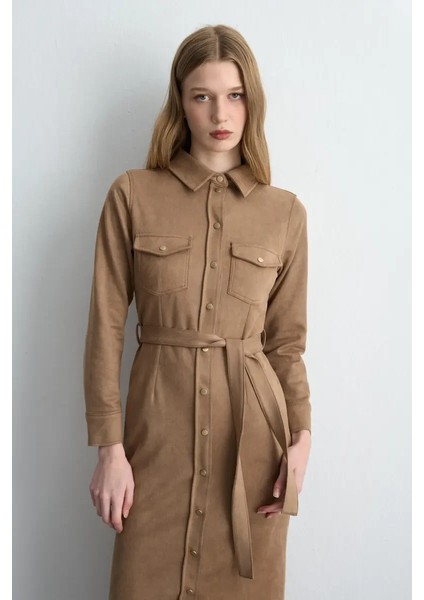 Beli Kemerli Uzun Süet Elbise - Bej fiyatları