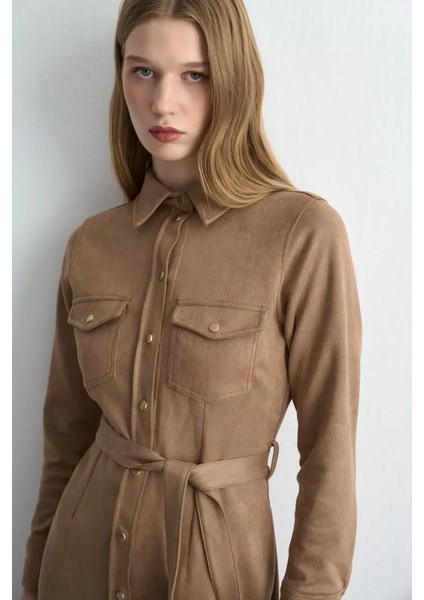 Beli Kemerli Uzun Süet Elbise - Bej modelleri