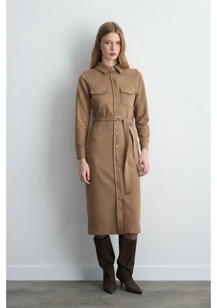 Beli Kemerli Uzun Süet Elbise - Bej fırsatları