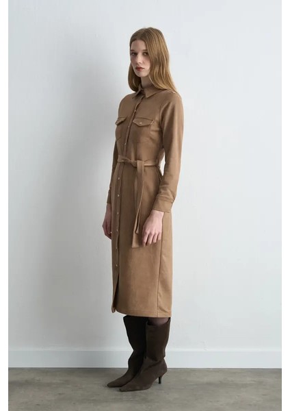 Beli Kemerli Uzun Süet Elbise - Bej indirimleri