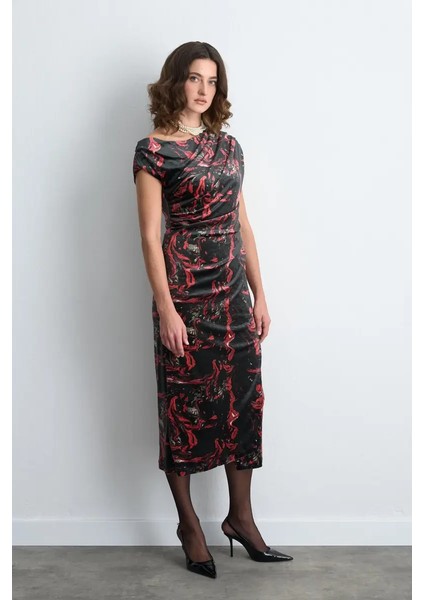 Anka Koleksiyonu Desenli Uzun Kadife Elbise - Siyah fiyatları