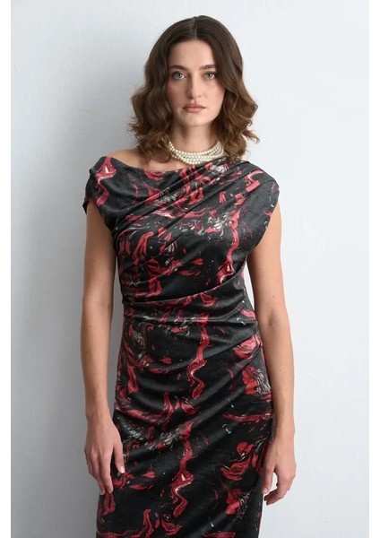 Anka Koleksiyonu Desenli Uzun Kadife Elbise - Siyah modelleri