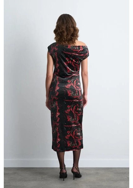 Anka Koleksiyonu Desenli Uzun Kadife Elbise - Siyah indirimleri