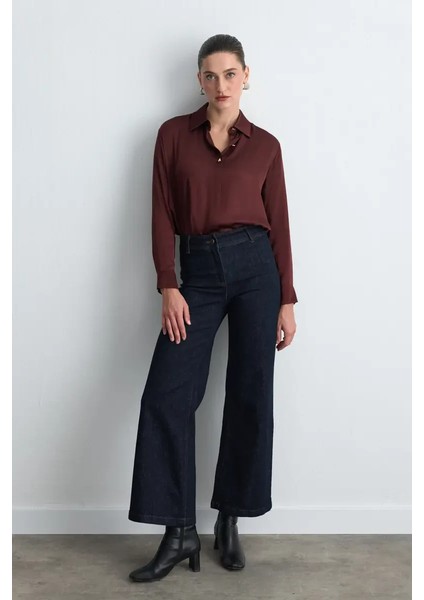 Gold Düğmeli Viskon Saten Gömlek - Bordo