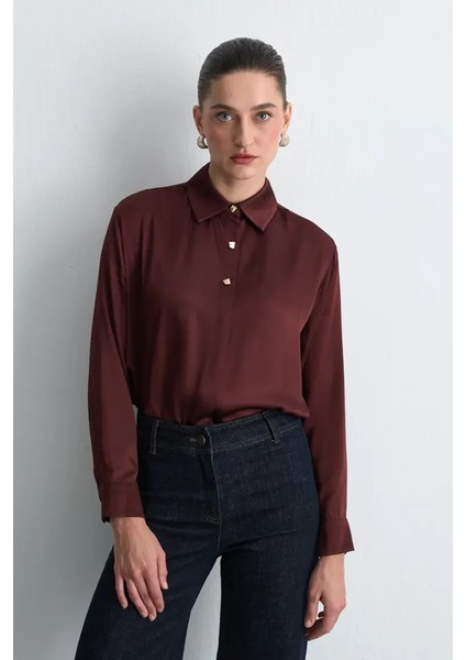 Gold Düğmeli Viskon Saten Gömlek - Bordo fırsatları