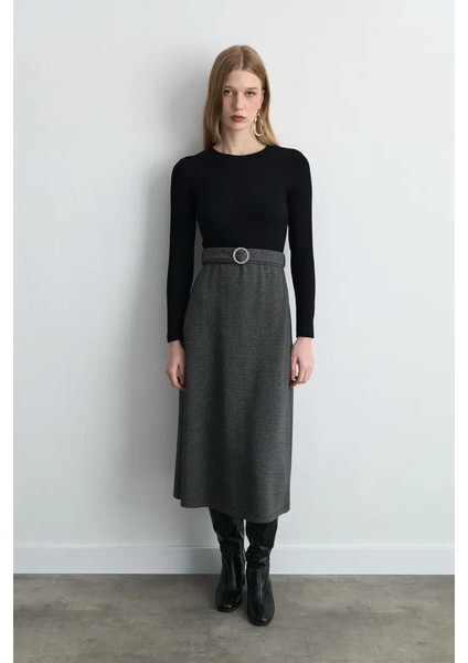 Beli Kemerli Viskon Elbise - Siyah modelleri