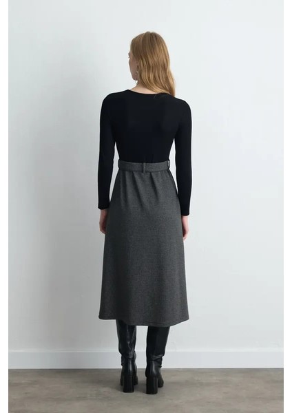 Beli Kemerli Viskon Elbise - Siyah indirimleri