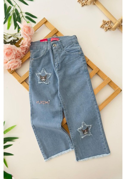 Yıldız Krm Detaylı Kız Çocuk Yumuşak kot pantolon - Mavi