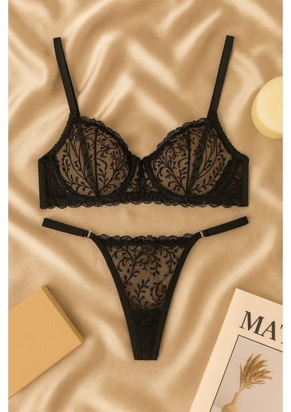 Siyah Balenli Brode Sütyen Seti