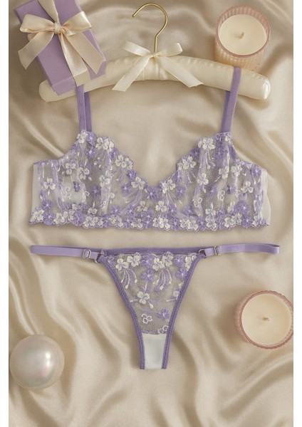 Lila Çiçek Işlemeli Transparan Dantel Sütyen & String Takım