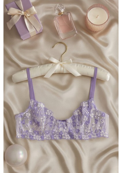 Lila Çiçek Işlemeli Transparan Dantel Sütyen & String Takım fiyatları