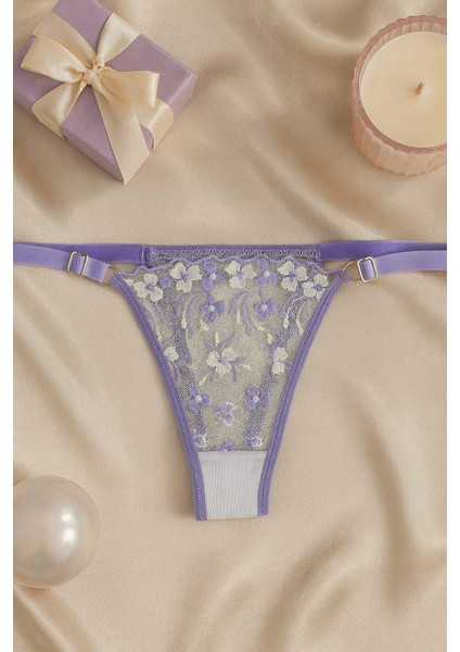 Lila Çiçek Işlemeli Transparan Dantel Sütyen & String Takım modelleri