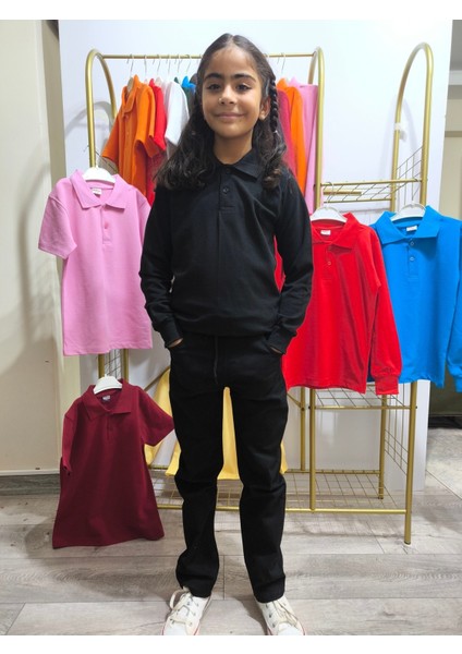 unisex Uzun Kol Polo Yaka Okul ve Günlük Ribanalı Çocuk Genç Tişört Nefes Alabilen Kumaş