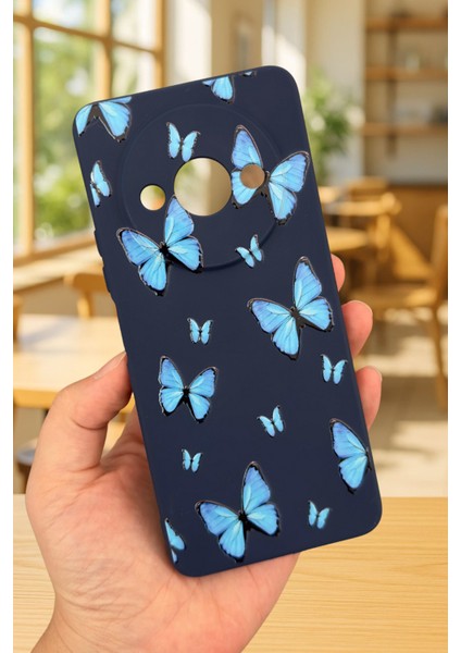 Xiaomi Redmi A3 Uyumlu Mavi Kelebek Desenli Silikon Darbe Emici Klasik Korumalı Rubber Kılıf