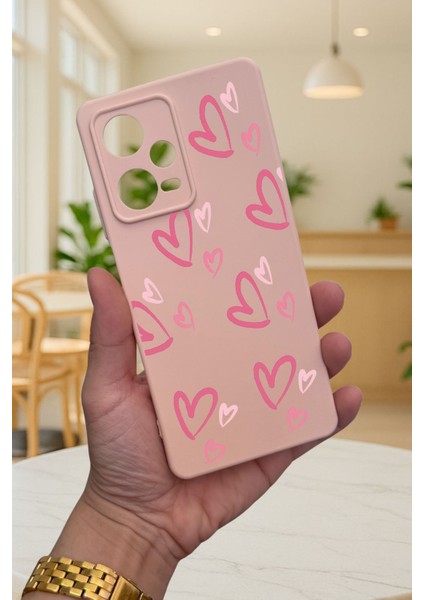 Xiaomi Redmi Note 12 Pro 5g Pembe Kalp Desenli Silikon Darbe Emici Klasik Korumalı Rubber Kılıf