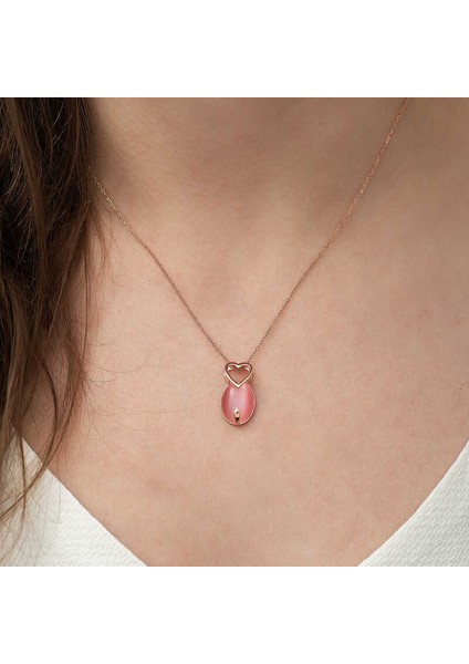 ​Gümüş Pembe Kedi Gözü Taşlı Kalp Kolye fiyatları