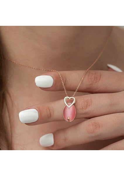​Gümüş Pembe Kedi Gözü Taşlı Kalp Kolye modelleri