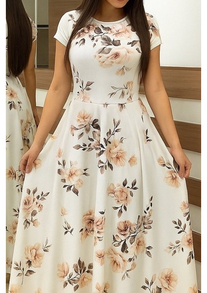 Kadın Kısa Kollu Bisiklet Yaka Puantiyeli Maksi Örme Krep Elbise fiyatları