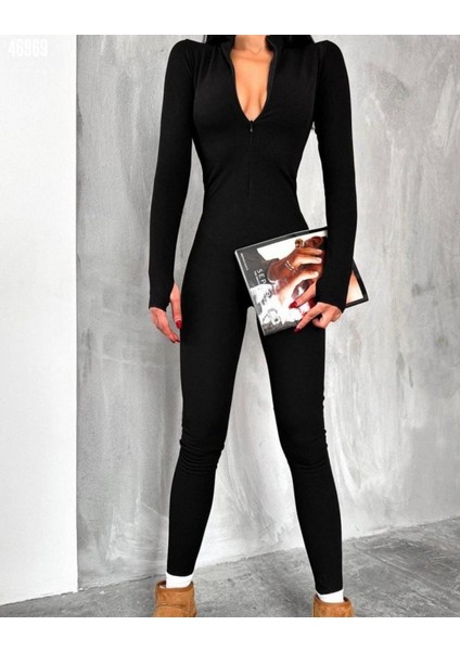 Kadın Kaşkorse Tulum Fermuarlı Parmak Geçmeli Detay Uzun Kollu Bodycon Siyah Sporcu Tulum fiyatları