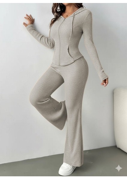 Kadın Uzun Kollu Kapşonlu Önden Fermuarlı Kaşkorse Bluz ve Pantolon Ikili Takım