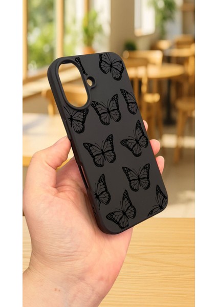 iPhone 16 Plus -Siyah Kelebek Desenli Silikon Darbe Emici Klasik Korumalı Rubber Kılıf modelleri