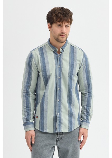 Regular Fit Pamuk Karışımlı Melanj Çizgili Düğmeli Yaka Erkek Gömlek fiyatları