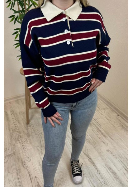 Kadın Lacivert - Bordo Polo Yaka Çizgili Oversize Triko Kazak