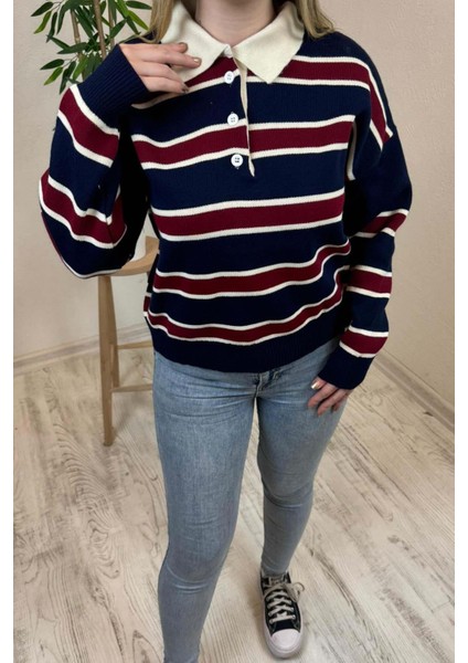 Kadın Lacivert - Bordo Polo Yaka Çizgili Oversize Triko Kazak fiyatları