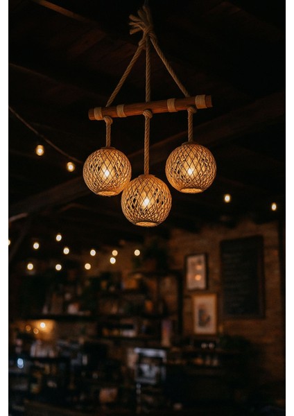 Doğal Ahşap Halatlı Eskitme Avize – Retro Dekoratif Sarkıt Avize Kafe Ev Ofis Balkon