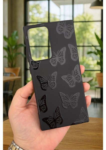 Sm Galaxy Note 20 Ultra-Siyah Kelebek Desenli Silikon Darbe Emici Klasik Korumalı Rubber Kılıf