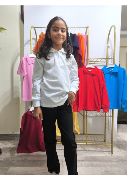 unisex Çocuk Genç Polo Yaka Uzun Kol Okul Günlük Tişört, Nefes Alabilen Kumaş