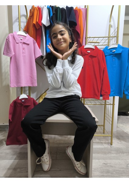 unisex Çocuk Genç Polo Yaka Uzun Kol Okul Günlük Tişört, Nefes Alabilen Kumaş