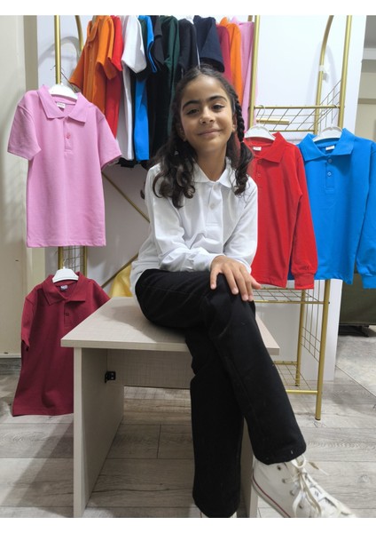 unisex Çocuk Genç Polo Yaka Uzun Kol Okul Günlük Tişört, Nefes Alabilen Kumaş